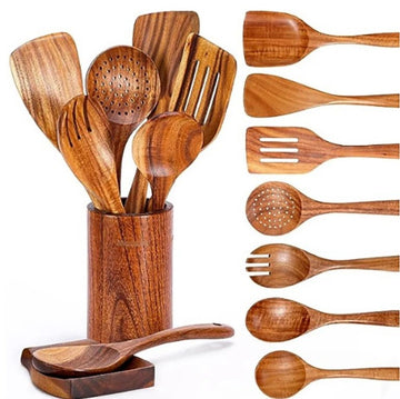 Set 9 ustensile cu suport din lemn natural de tec