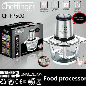 Tocător Electric Cheffinger cu bol din Sticlă 2L, 500W si 4 Lame Inox