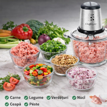 Tocător Electric Cheffinger cu bol din Sticlă 2L, 500W si 4 Lame Inox