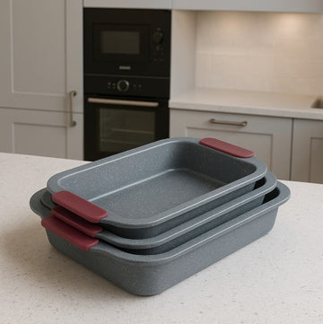 Set 3 tavi de copt antiaderente cu aspect granitat si manere de silicon