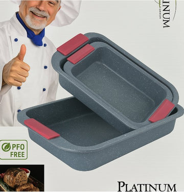 Set 3 tavi de copt antiaderente cu aspect granitat si manere de silicon