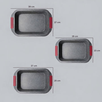 Set 3 tavi de copt antiaderente cu aspect granitat si manere de silicon