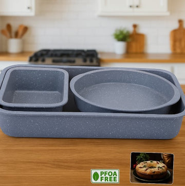 Set 4 tavi de copt antiaderente cu aspect granitat diferite forme si dimensiuni