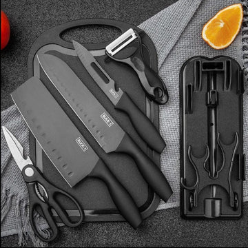 Set bucatarie complet 7 în 1 – Cutite, Foarfece, Curatator, Tocator și Suport Organizator