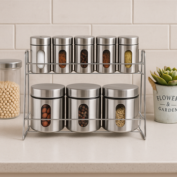 Set organizator condimente cu 8 recipiente si suport de inox Cheffinger