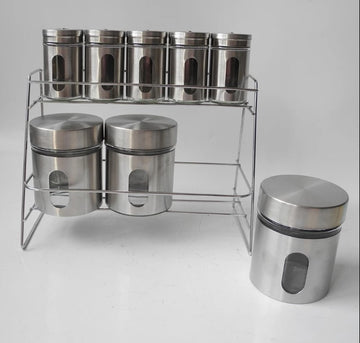 Set organizator condimente cu 8 recipiente si suport de inox Cheffinger