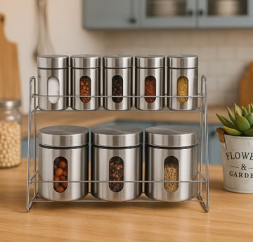 Set organizator condimente cu 8 recipiente si suport de inox Cheffinger