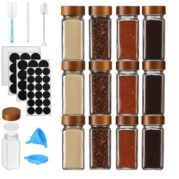 Set 12 recipiente condimente din sticla 120ml cu capac din lemn de acacia, palnie, periute, etichete