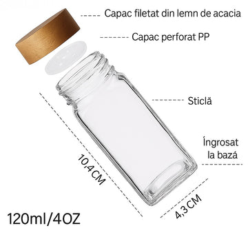 Set 12 recipiente condimente din sticla 120ml cu capac din lemn de acacia , palnie, periute , etichete