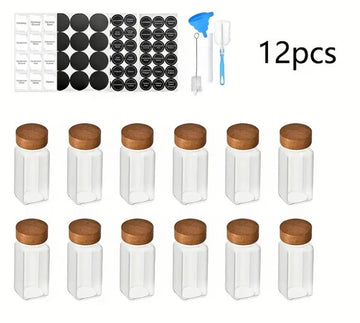 Set 12 recipiente condimente din sticla 120ml cu capac din lemn de acacia , palnie, periute , etichete