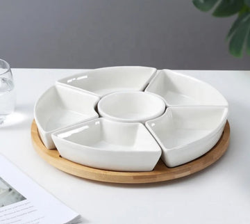 Platou rotativ din lemn de bambus si 6 boluri ceramice
