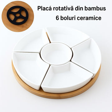 Platou rotativ din lemn de bambus si 6 boluri ceramice