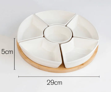 Platou rotativ din lemn de bambus si 6 boluri ceramice