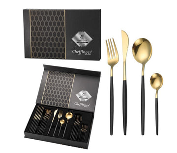 Set tacamuri 24 piese Auriu cu maner negru din Otel inoxidabil model occidental
