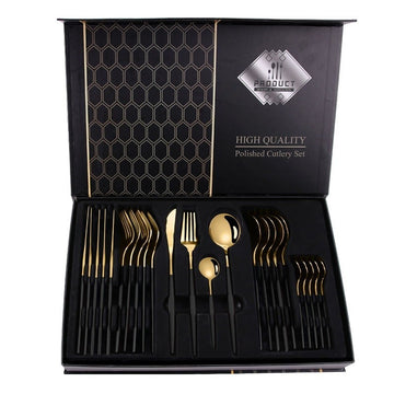 Set tacamuri 24 piese Auriu cu maner negru din Otel inoxidabil model occidental