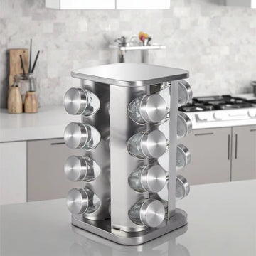 Organizator condimente rotativ 360° din otel inoxidabil cu 16 recipiente din sticla cu capac din inox