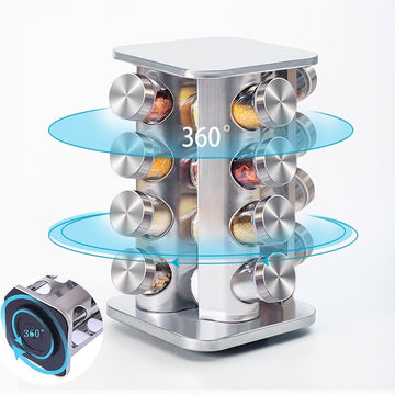 Organizator condimente rotativ 360° din otel inoxidabil cu 16 recipiente din sticla cu capac din inox