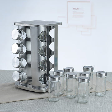 Organizator condimente rotativ 360° din otel inoxidabil cu 16 recipiente din sticla cu capac din inox