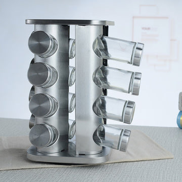 Organizator condimente rotativ 360° din otel inoxidabil cu 16 recipiente din sticla cu capac din inox
