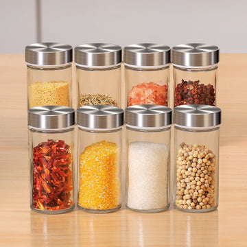 Organizator condimente rotativ 360° din otel inoxidabil cu 16 recipiente din sticla cu capac din inox