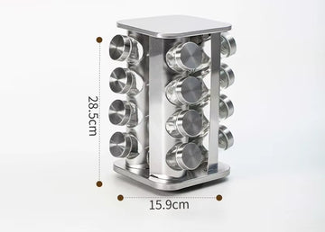 Organizator condimente rotativ 360° din otel inoxidabil cu 16 recipiente din sticla cu capac din inox
