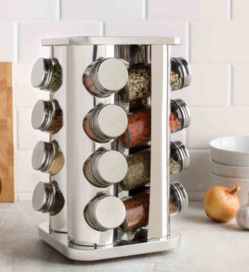 Organizator condimente rotativ 360° din otel inoxidabil cu 16 recipiente din sticla cu capac din inox