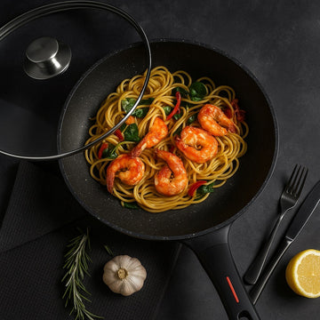Tigaie wok cu capac din sticla interior marmorat 28cm