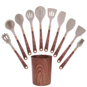 Set 11 piese ustensile de bucatarie din silicon cu maner imitatie lemn si suport