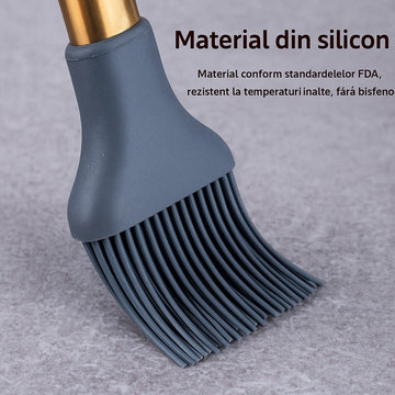 Set 15 piese ustensile de bucatarie din silicon cu maner din otel inoxidabil auriu , suport metalic si accesorii masurare