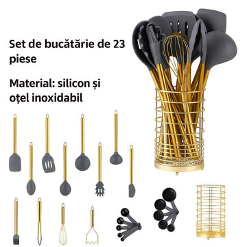 Set 15 piese ustensile de bucatarie din silicon cu maner din otel inoxidabil auriu , suport metalic si accesorii masurare