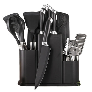 Set multifunctional 20 piese pentru bucatarie, tocator , cutite si ustensile din otel inoxidabil si silicon negru