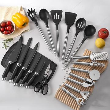 Set multifunctional 20 piese pentru bucatarie, tocator , cutite si ustensile din otel inoxidabil si silicon negru