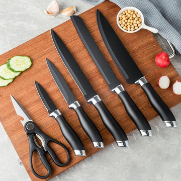 Set multifunctional 20 piese pentru bucatarie, tocator , cutite si ustensile din otel inoxidabil si silicon negru
