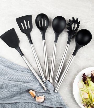Set multifunctional 20 piese pentru bucatarie, tocator , cutite si ustensile din otel inoxidabil si silicon negru