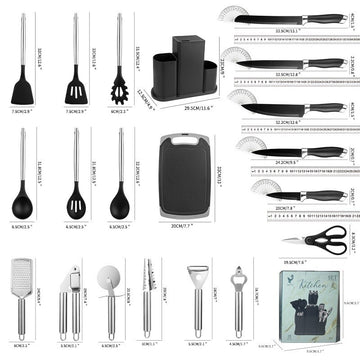 Set multifunctional 20 piese pentru bucatarie, tocator , cutite si ustensile din otel inoxidabil si silicon negru