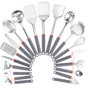 Set complet 18 piese ustensile de bucatarie premium din otel inoxidabil si maner ergonomic gri
