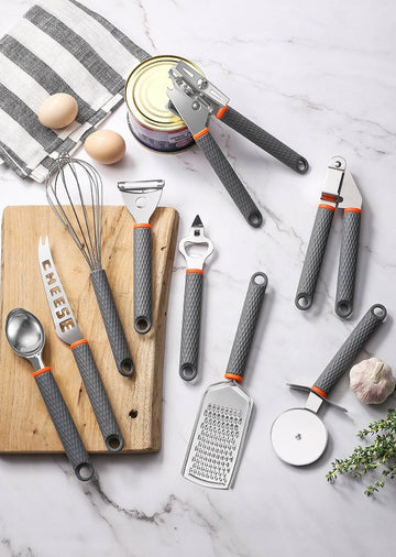 Set complet 18 piese ustensile de bucatarie premium din otel inoxidabil si maner ergonomic gri