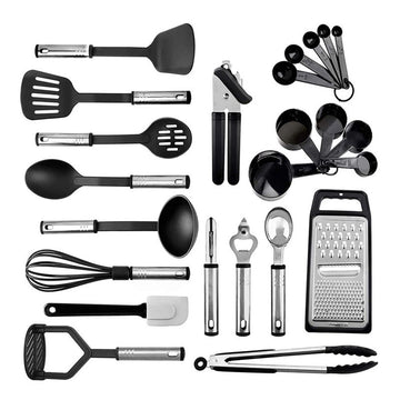 Set bucatarie 16 piese, razatoare, cleste, ustensile din otel inoxidabil si silicon si accesorii masuratoare