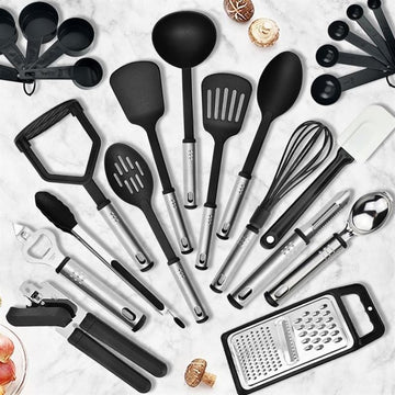 Set bucatarie 16 piese, razatoare, cleste, ustensile din otel inoxidabil si silicon si accesorii masuratoare