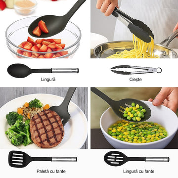 Set bucatarie 16 piese , razatoare,cleste ,ustensile din otel inoxidabil si silicon si accesorii masuratoare