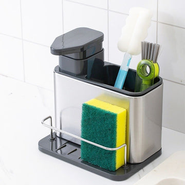 Dispenser 3 in 1 din otel inoxidabil, pentru detergent lichid vase, cu suport pentru perii