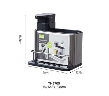 Dispenser 3 in 1 din otel inoxidabil, pentru detergent lichid vase, cu suport pentru perii