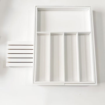 Organizator tacamuri reglabil cu suport de cutite detasabil din lemn de bambus culoare alb