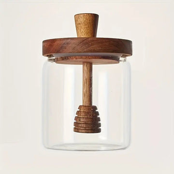 Recipient miere albine/siropuri 500ml din sticla borosilicata cu capac si lingurita integrata din lemn de acacia
