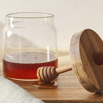 Recipient miere albine /siropuri  500ml din sticla borosilicata cu capac si lingurita integrata din lemn de acacia