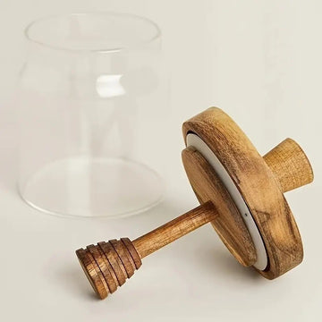 Recipient miere albine /siropuri  500ml din sticla borosilicata cu capac si lingurita integrata din lemn de acacia