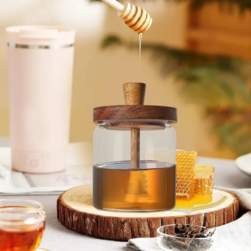 Recipient miere albine /siropuri  500ml din sticla borosilicata cu capac si lingurita integrata din lemn de acacia