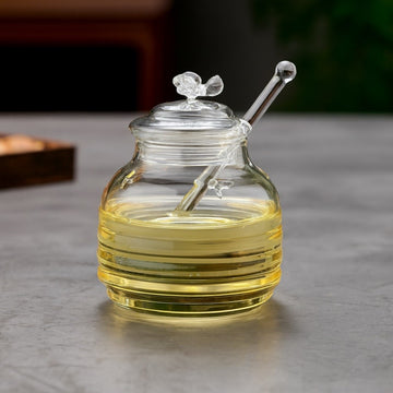 Recipient miere albine/siropuri 400ml din sticla borosilicata cu lingurita speciala din sticla