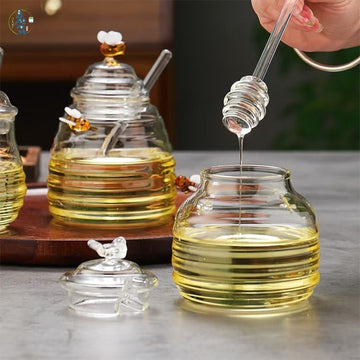 Recipient miere albine/siropuri 400ml din sticla borosilicata cu lingurita speciala din sticla