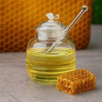 Recipient miere albine/siropuri 400ml din sticla borosilicata cu lingurita speciala din sticla